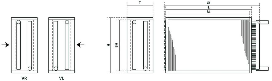 Габариты моделей водяных калориферов